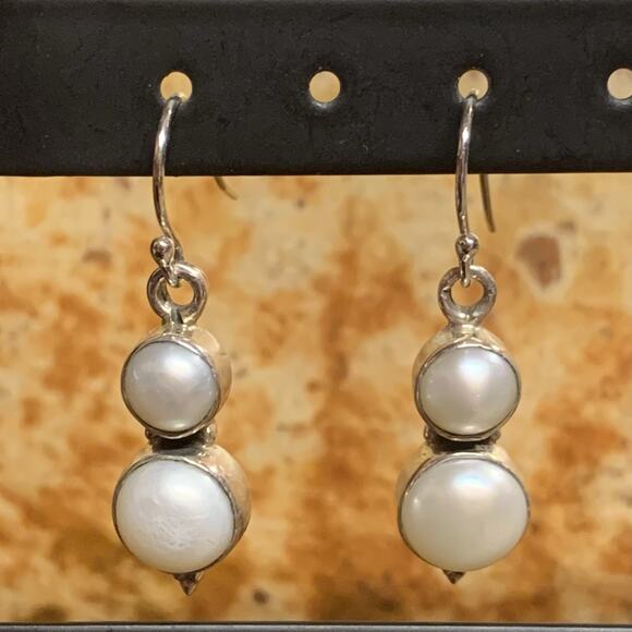 Sterling Silver and Pearl Dangle Drop Earrings on Fishhooks - Picture 1 of 7